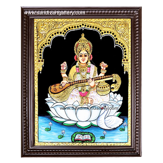 Saraswathi on Lotus Tanjore Painting 1