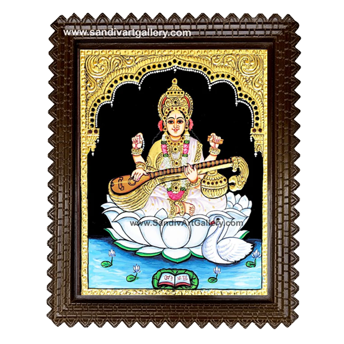 Saraswathi on Lotus Tanjore Painting 1