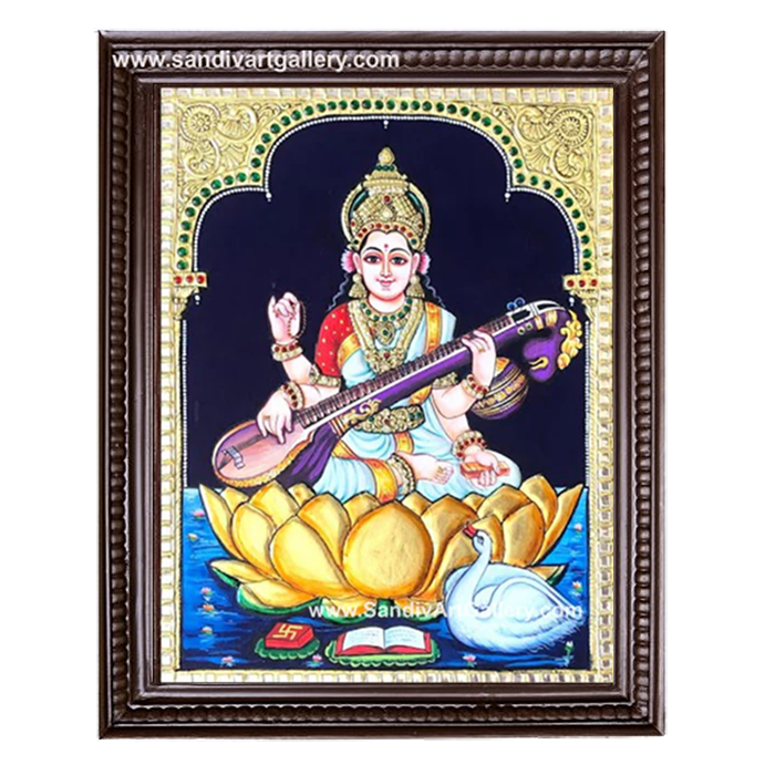 Saraswathi on Lotus Tanjore Painting 2
