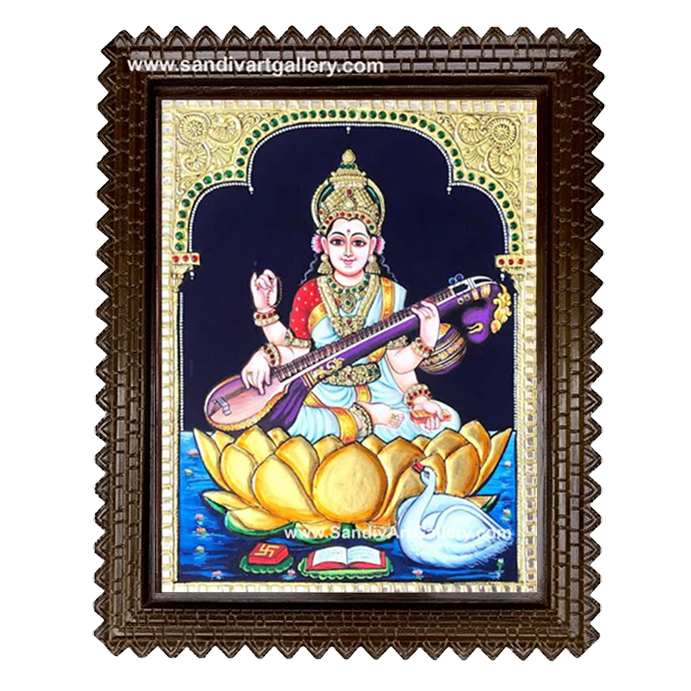Saraswathi on Lotus Tanjore Painting 2