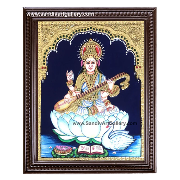 Saraswati on Lotus Tanjore Painting 1