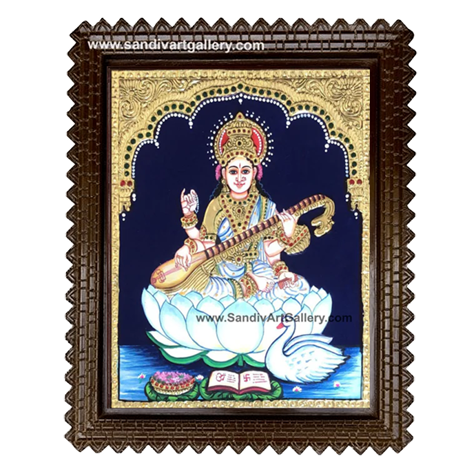 Saraswati on Lotus Tanjore Painting 1