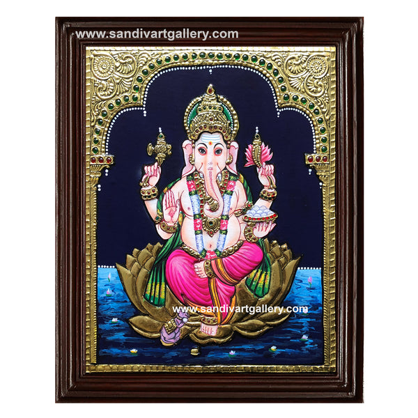 Ganesha on Lotus Tanjore Painting1