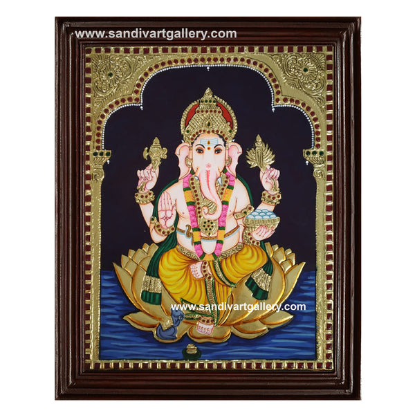 Ganesha on Lotus Tanjore Painting2