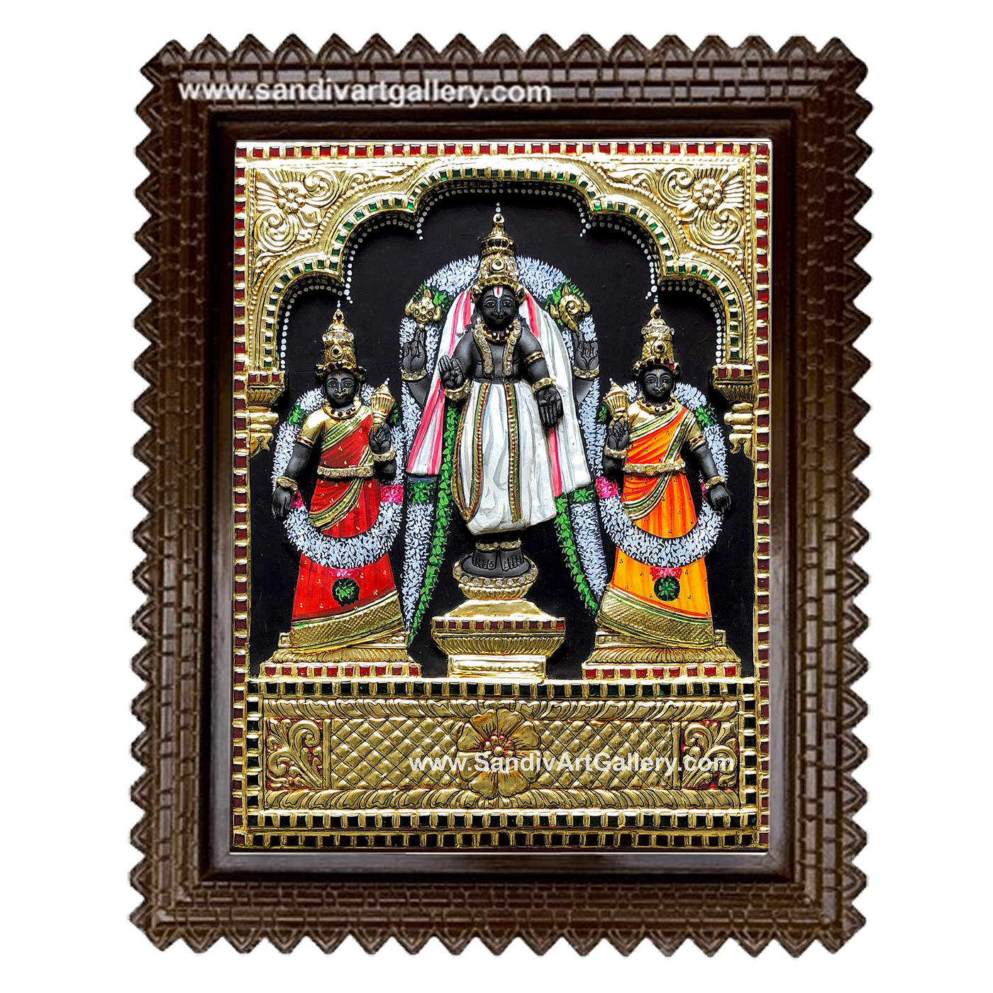 Vishnu Perumal  Sridevi Bhudevi 3D Embossed Tanjore Painting
