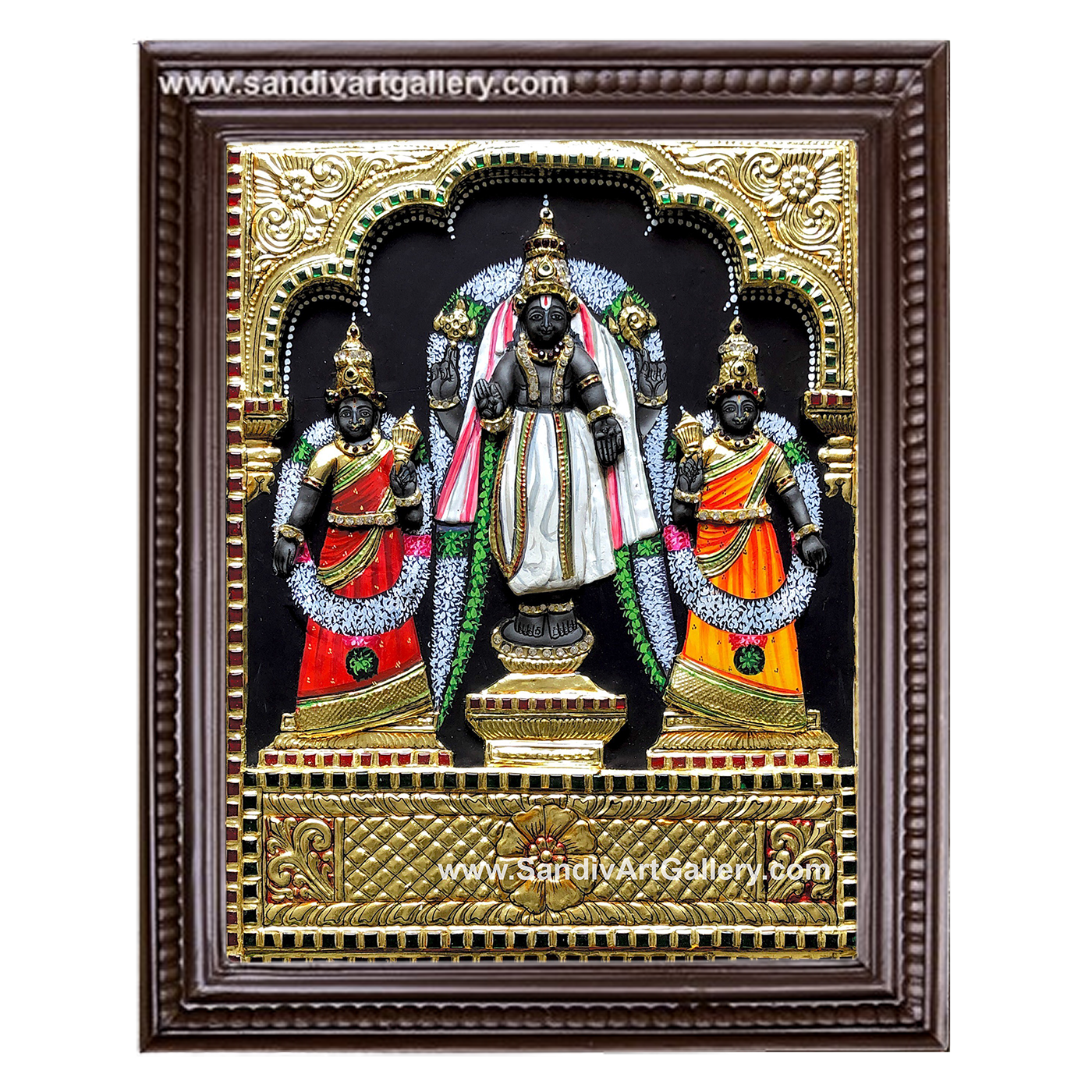 Vishnu Perumal  Sridevi Bhudevi 3D Embossed Tanjore Painting