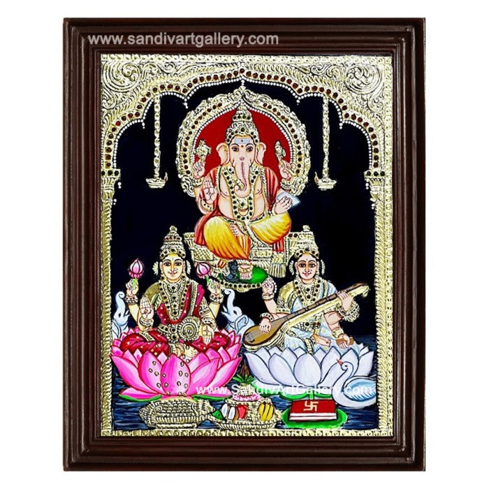Ganesha Lakshmi and Saraswati Tanjore Painting