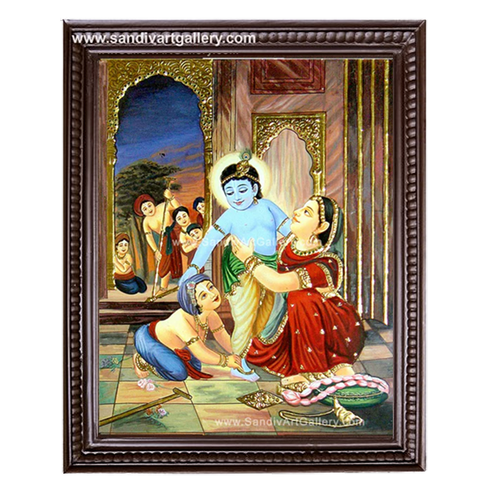 Krishna and Balram with Yasodha Tanjore Painting