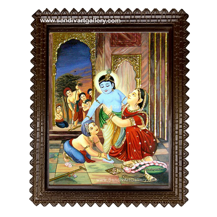 Krishna and Balram with Yasodha Tanjore Painting
