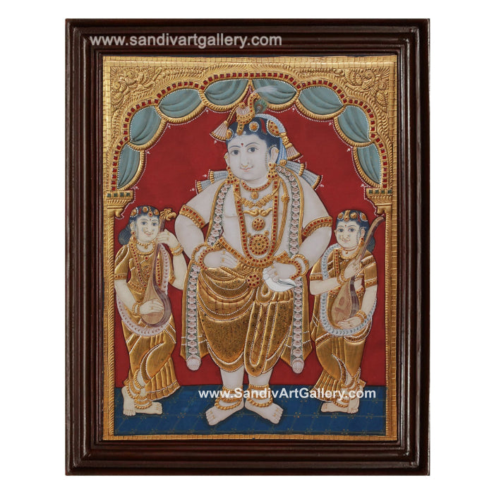 Antique Krishna with Bama and Rukmini Tanjore Painting