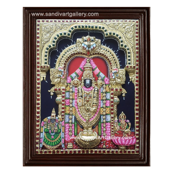 Balaji with Padmavathi and Lakshmi 3D Embossed Tanjore Painting