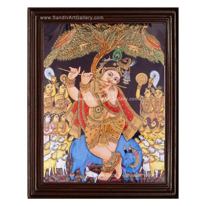 Krishna under Punnai Tree with Cows Tanjore Painting