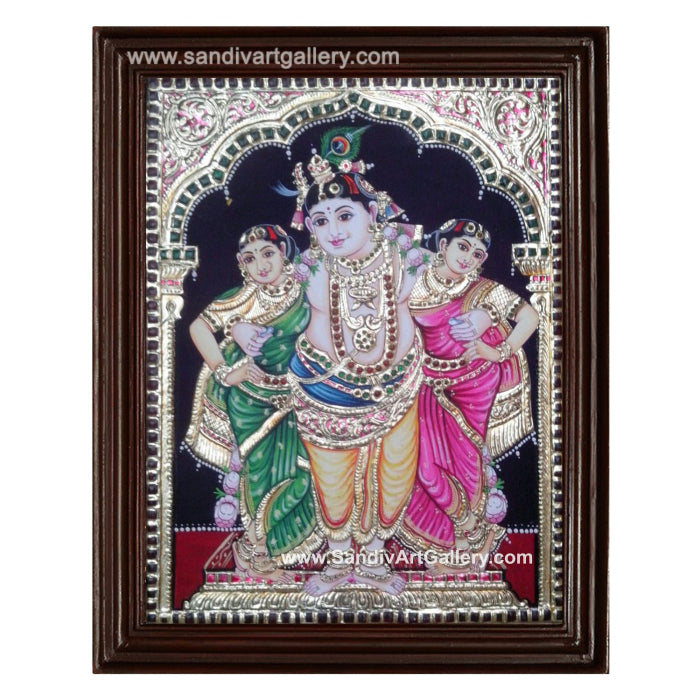 Krishna with Bhama Rukmini Tanjore Painting