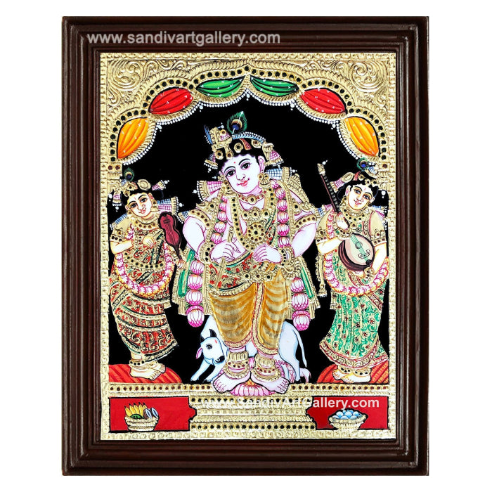 Krishna with Bama Rukmani under a Tree Tanjore Painting1