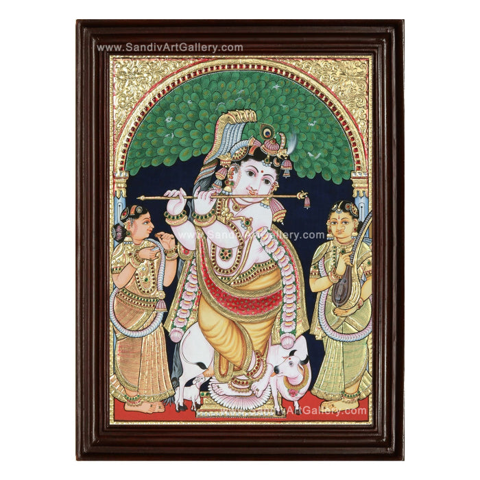 Krishna with Bama Rukmani Tanjore Painting