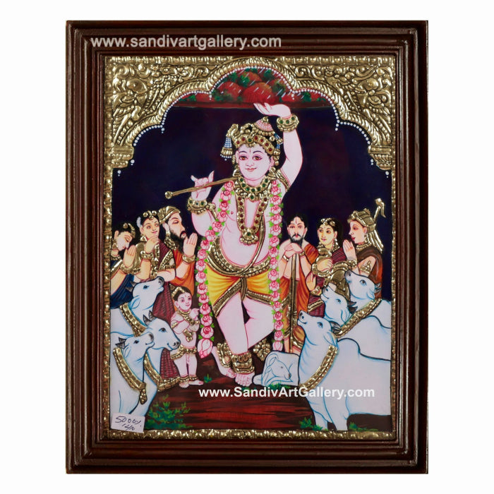 Krishna Lifting Govardhana Hill Tanjore Painting