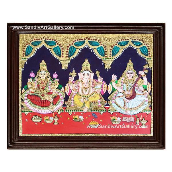 Vinayagar Lakshmi and Saraswathi- 3 God Panel Tanjore Painting