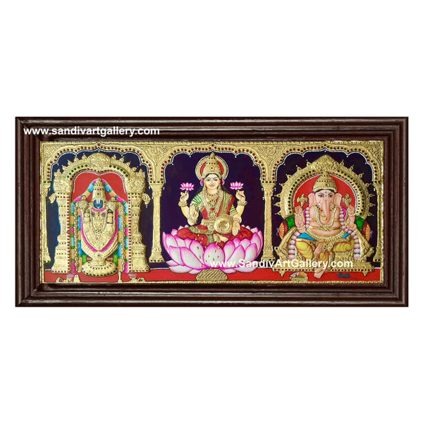Balaji Lakshmi and Vinayaka- 3 God Panel Semi Embossed Tanjore Painting