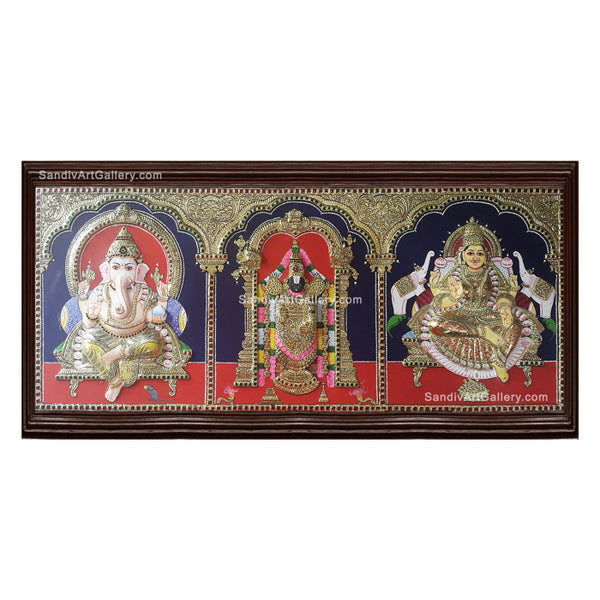 VinayagarBalaji and Gajalakshmi - 3 God Panel 2D Embossed Tanjore Painting