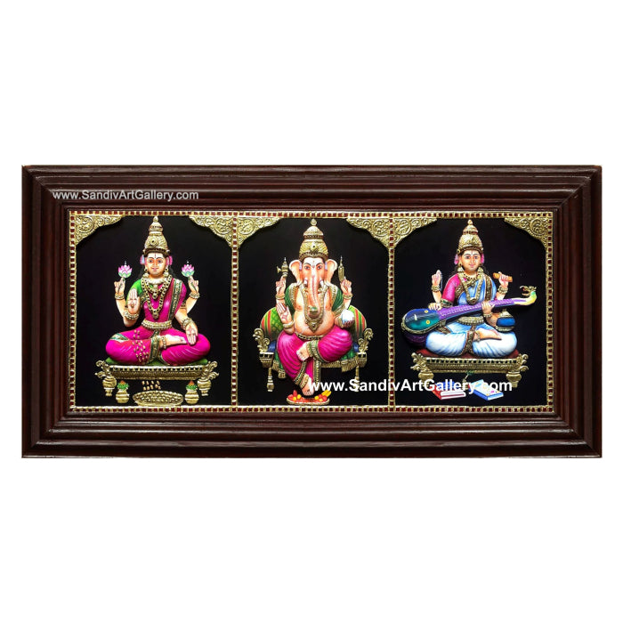 Lakshmi Vinayaka and Saraswati- 3 God Panel 3D Super Embossed Tanjore Painting