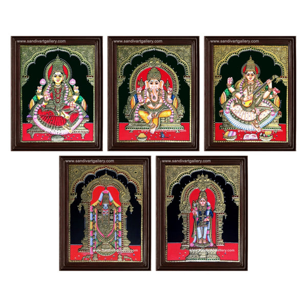 Venkateshwara Lakshmi Vinayahar Saraswati and Palani Raja Alangara Murugar- Pooja Room Tanjore Paintings