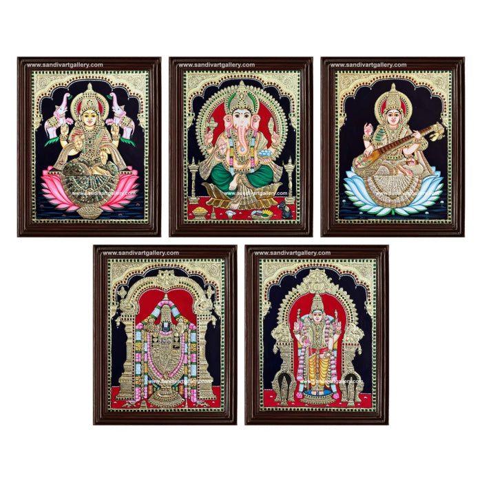 Perumal Lakshmi Vinayahar Saraswati and Subramania- Pooja Room Tanjore Painting