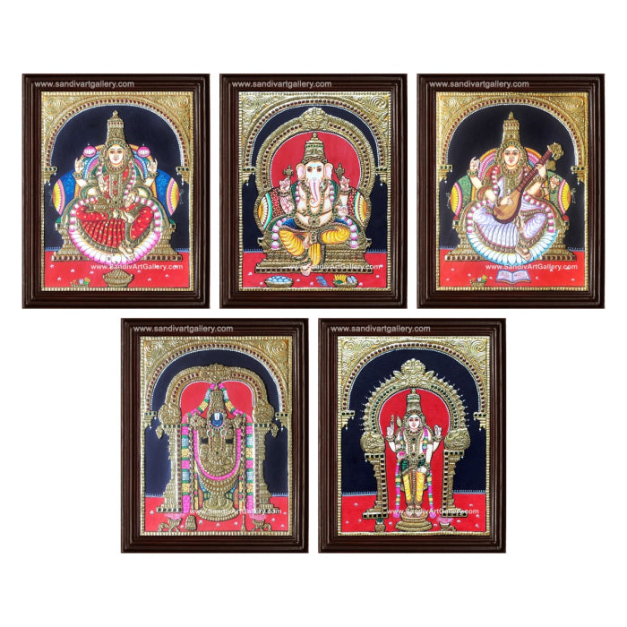 Ganesha Lakshmi Saraswati Murugar and Balaji- Pooja Room Tanjore Painting