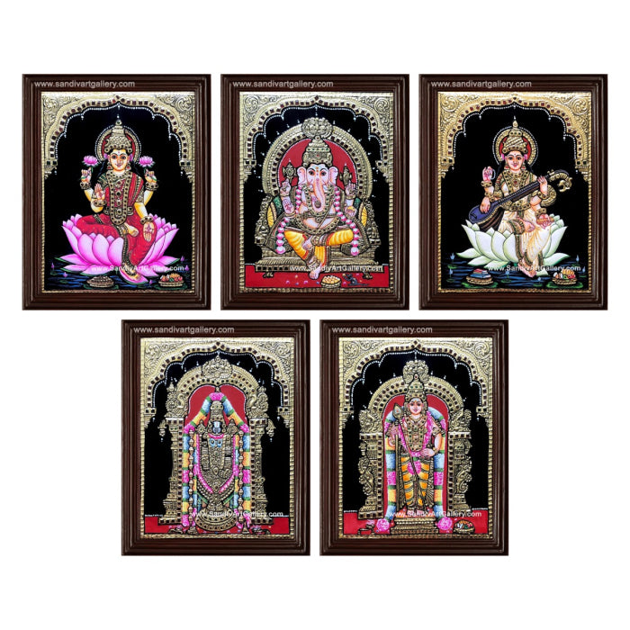 Vinayagar Lakshmi Venkatachalapathi Saraswati and Murugar- Pooja Room Tanjore Painting
