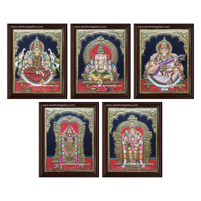 Ganapathy Lakshmi Saraswati Balaji and Murugar- Pooja Room Tanjore Painting