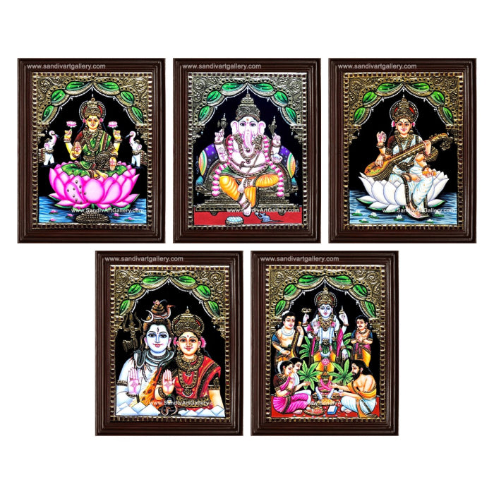 Ganesha Gajalakshmi Saraswati Sathyanaryana and Shiva Parvati- Pooja Room Tanjore Painting