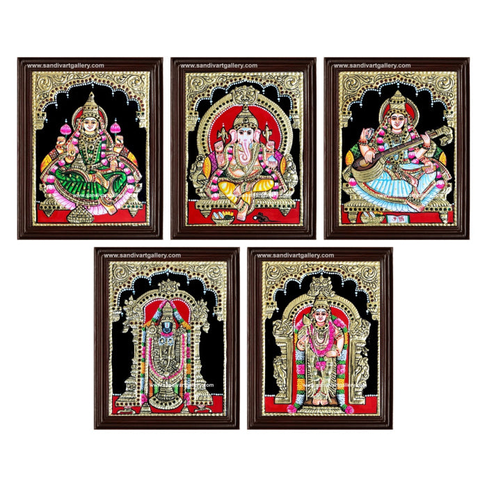 Ganesha Gajalakshmi Saraswati Balaji and Murugar- Pooja Room Tanjore Painting