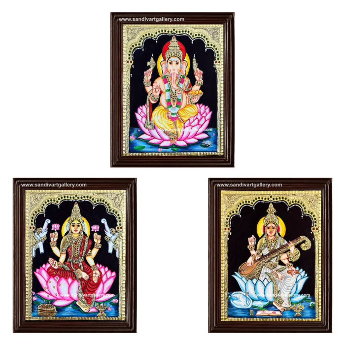 Ganesha Lakshmi and Saraswati Tanjore Painting1