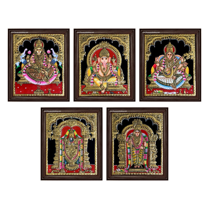 Ganesha Gajalakshmi Saraswati Balaji and Murugar- Pooja Room Tanjore Painting 1