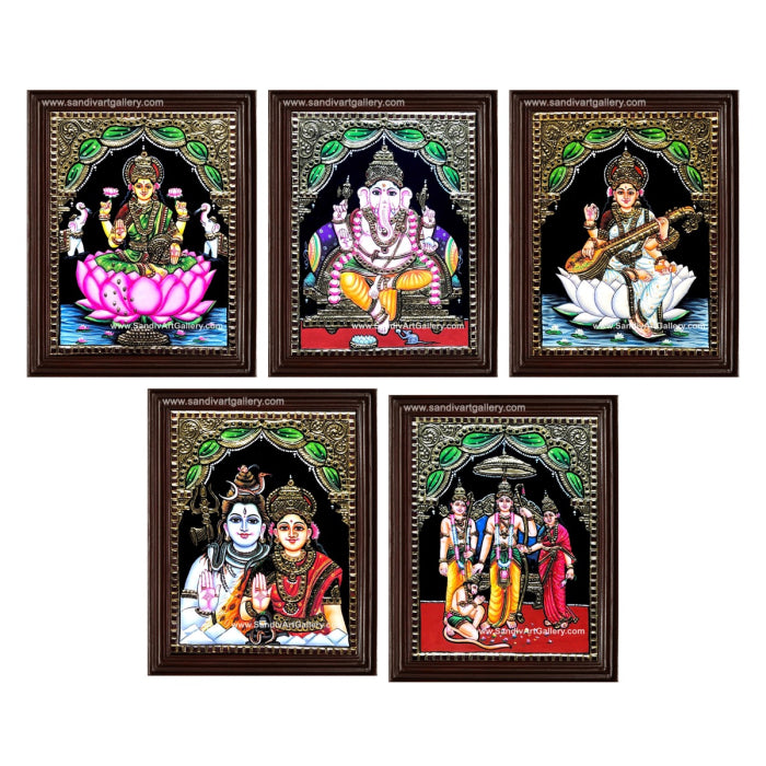 Vinayagar Lakshmi Saraswati Shiva Family and Ram Family- Pooja Room Tanjore Painting