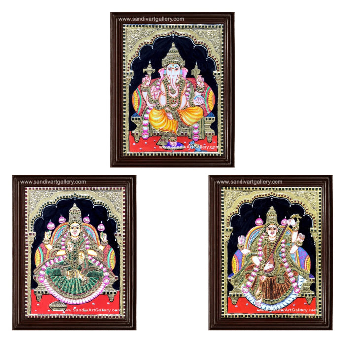Ganesha Lakshmi and Saraswati Tanjore Painting2