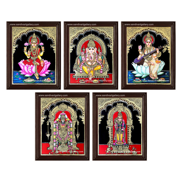 Venkatachalapathi Ganesha Lakshmi Saraswati and Palani Raja Alangara Murugar- Pooja Room Tanjore Painting