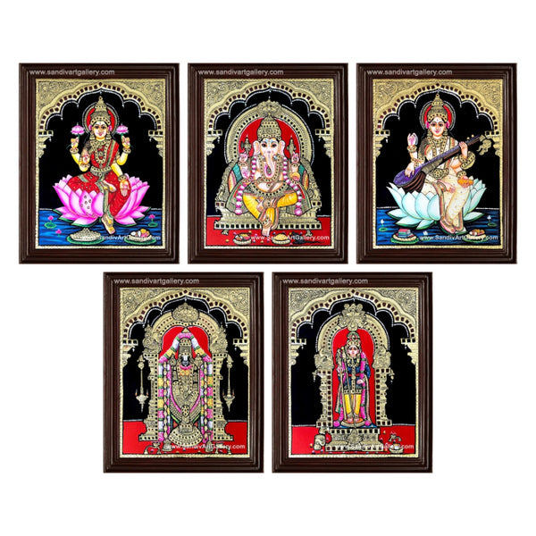 Venkatachalapathi Ganesha Lakshmi Saraswati and Palani Raja Alangara Murugar- Pooja Room Tanjore Painting
