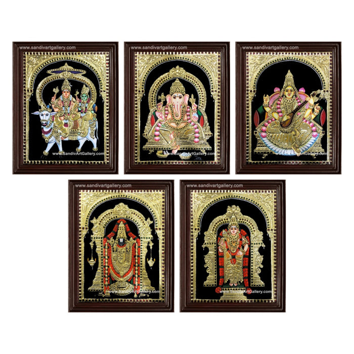 Balaji Vinayagar Lakshmi Saraswati and Shivan Parvati- Pooja Room Tanjore Painting