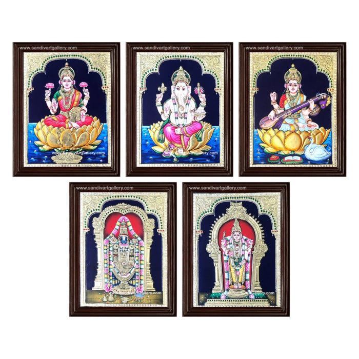 Venkateshwara Lakshmi Vinayahar Saraswati and Murugar- Pooja Room Tanjore Paintings