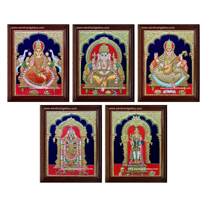 Vinayagar Lakshmi Venkatachalapathi Saraswati and Palani Raja Alangara Murugar- Pooja Room Tanjore Painting