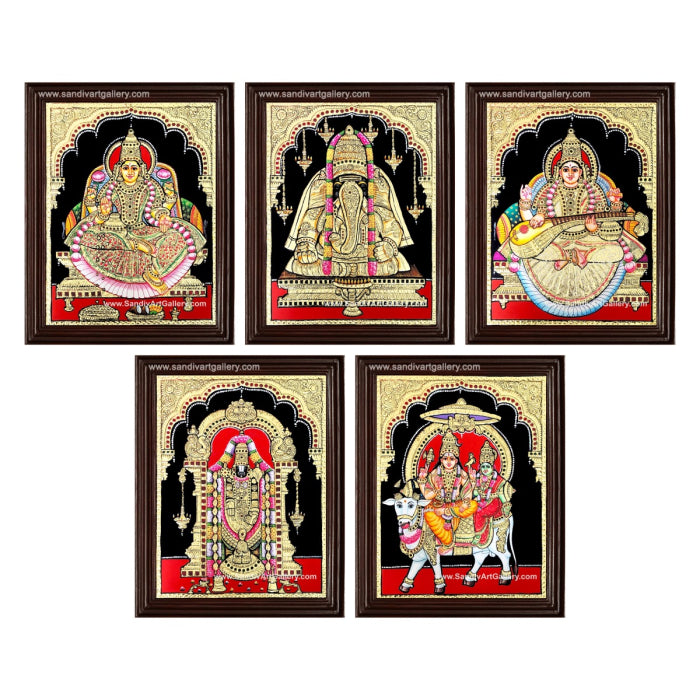 Ganesha Lakshmi Saraswati Shiva Parvati and Balaji- Pooja Room Tanjore Painting