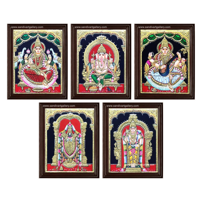 Ganesha Gajalakshmi Venkateshwara Saraswati and Murugar- Pooja Room Tanjore Painting