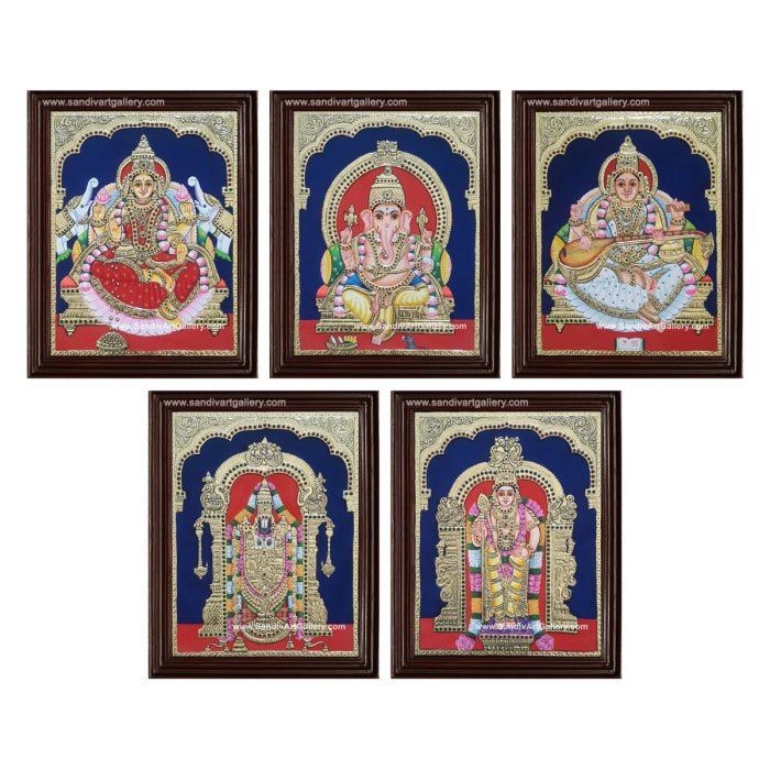 Ganesha Lakshmi Saraswati Murugar and Balaji- Pooja Room Tanjore Painting1