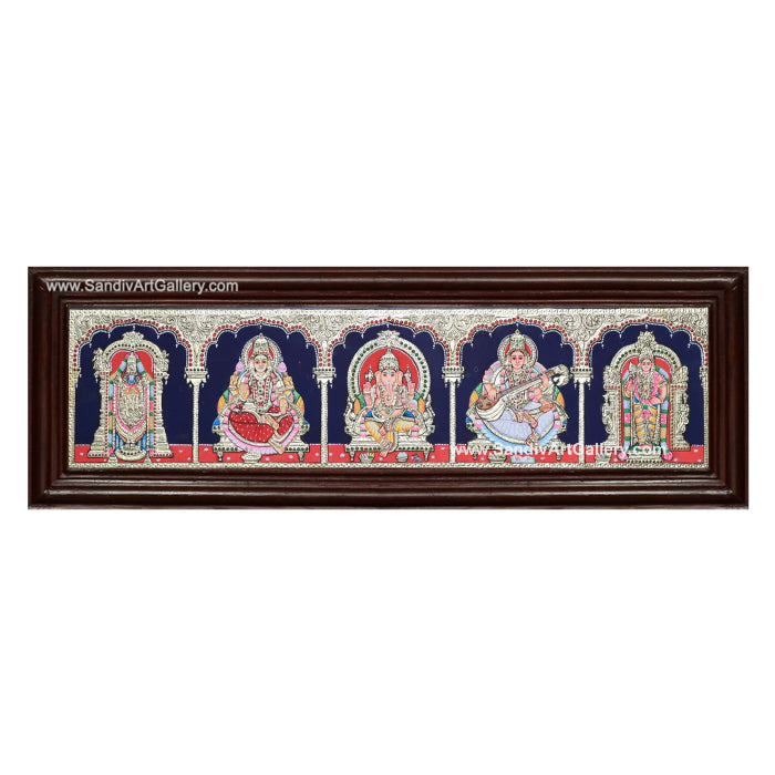 Vinayagar Lakshmi Saraswati Perumal and Murugan- 5 God Panel Tanjore Painting 1