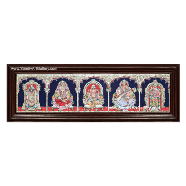 Vinayagar Lakshmi Saraswati Perumal and Murugan- 5 God Panel Tanjore Painting 1