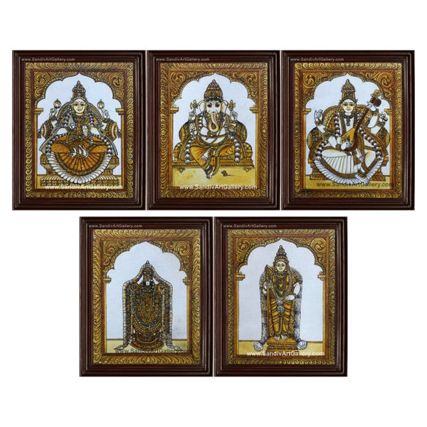 Vinayaka, Lakshmi, Balaji, Saraswathi and Subramania- Pooja Room Monochrome Oil Paintings