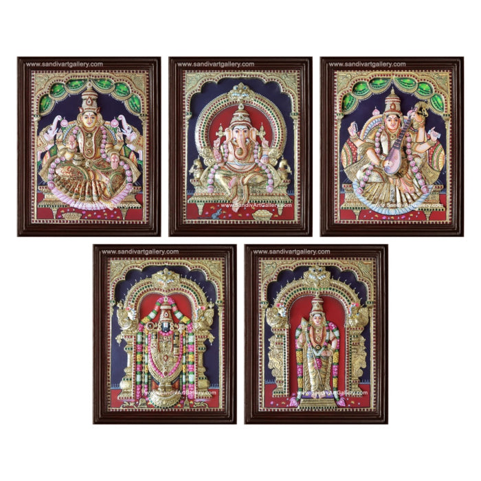 Vinayagar Lakshmi with Elephants Balaji Saraswathi and Subramanya Swamy- Pooja Room 3D Super Embossed Tanjore Paintings