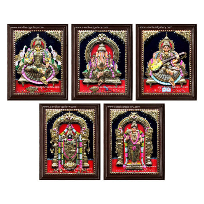 Vinayahar Lakshmi Perumal Saraswathi and Subramanya Swamy- Pooja Room 3D Embossed Tanjore Paintings