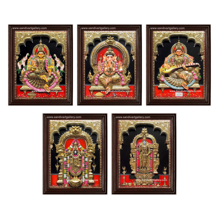 Vinayaka Lakshmi Venkateshwara Saraswathi and Murugar- Pooja Room 3D Embossed Tanjore Paintings