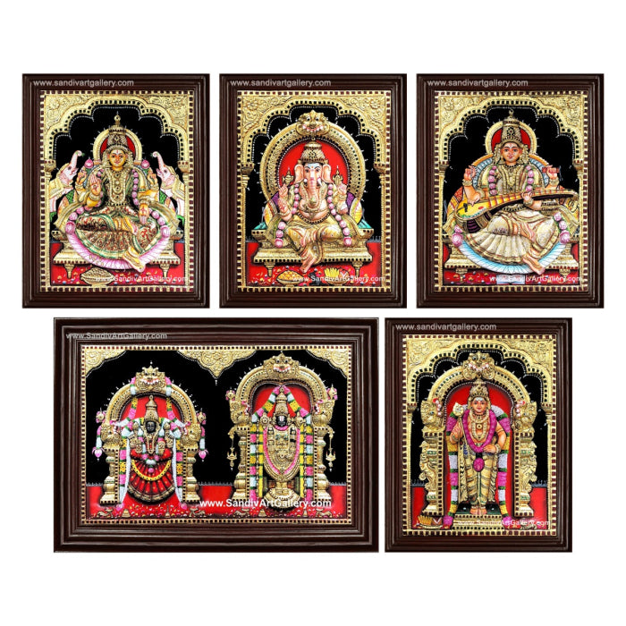 Vinayaka Lakshmi Balaji Padmavathi Thayar Saraswathi and Murugar- Pooja Room 3D Super Embossed Tanjore Paintings
